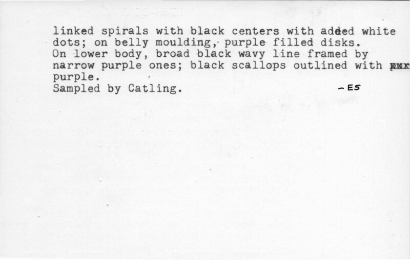 Index card with typed and handwritten information, sometimes including a sketch, of pottery from an excavation.