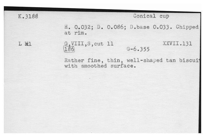Index card with typed and handwritten information, sometimes including a sketch, of pottery from an excavation.