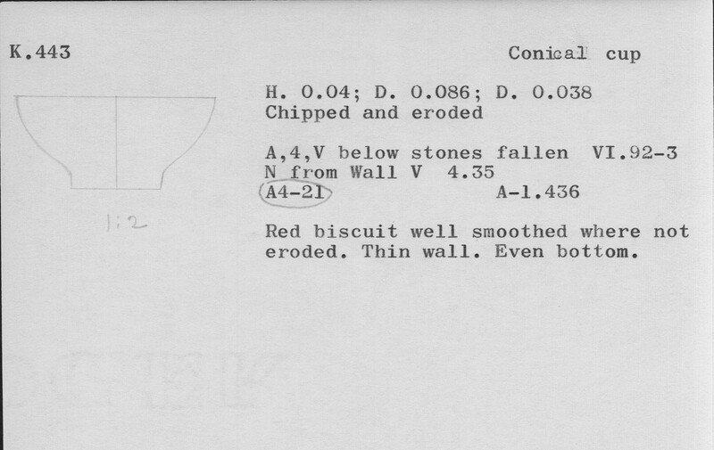 Index card with typed and handwritten information, sometimes including a sketch, of pottery from an excavation.
