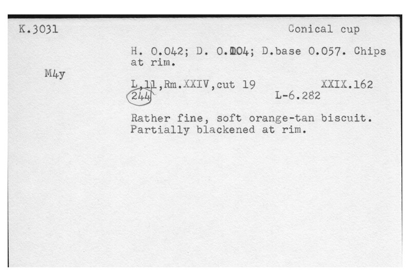 Index card with typed and handwritten information, sometimes including a sketch, of pottery from an excavation.