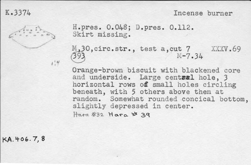Index card with typed and handwritten information, sometimes including a sketch, of pottery from an excavation.