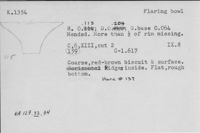Index card with typed and handwritten information, sometimes including a sketch, of pottery from an excavation.