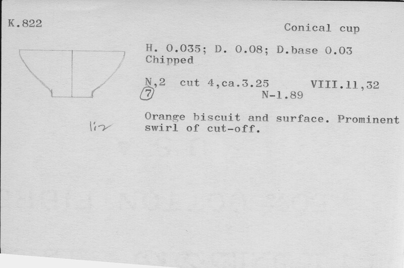 Index card with typed and handwritten information, sometimes including a sketch, of pottery from an excavation.