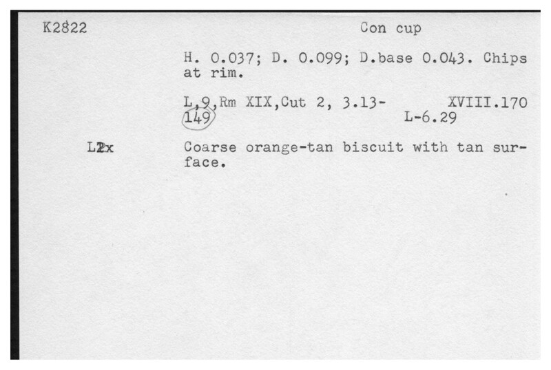 Index card with typed and handwritten information, sometimes including a sketch, of pottery from an excavation.