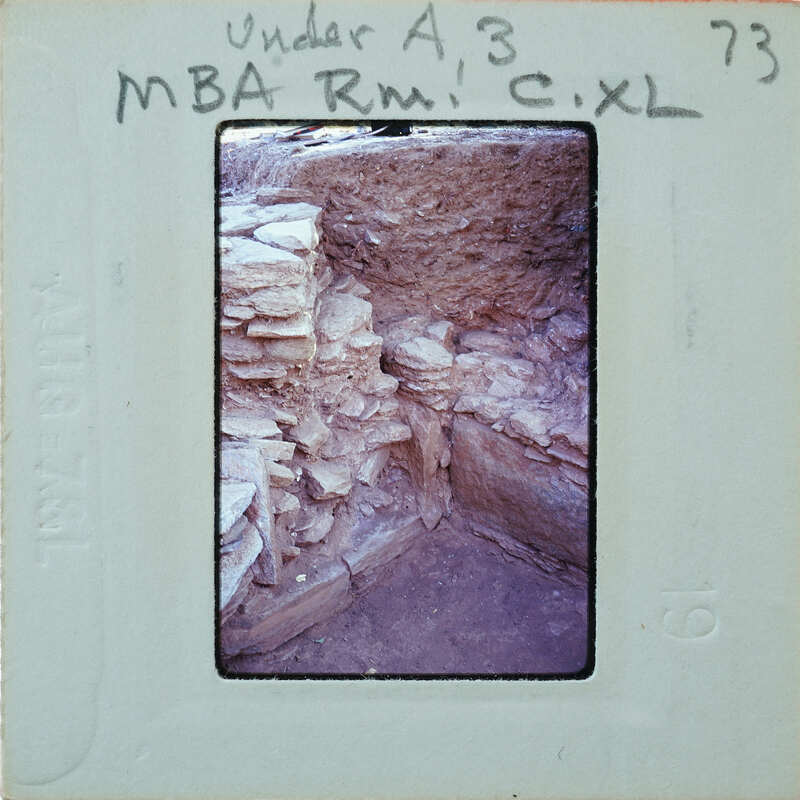 Ancient ruins with stone walls and dirt ground, captured on a Polaroid photo.
