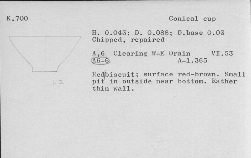 Index card with typed and handwritten information, sometimes including a sketch, of pottery from an excavation.