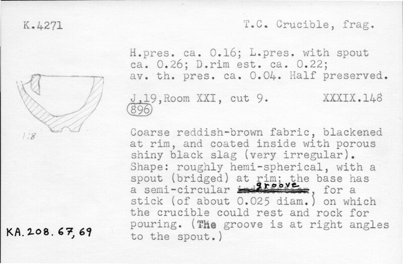 Index card with typed and handwritten information, sometimes including a sketch, of pottery from an excavation.