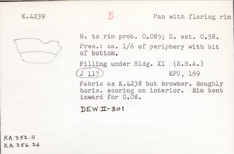 Index card with typed and handwritten information, sometimes including a sketch, of pottery from an excavation.