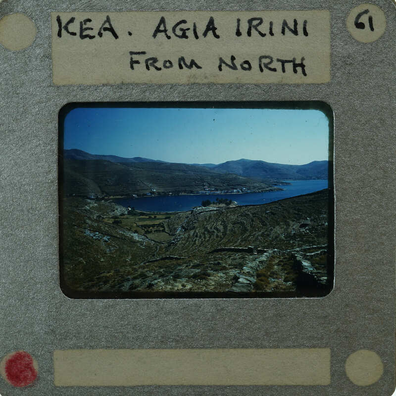 Film strip with a scenic view of mountains and water, labeled "KEA AGIA IRINI FROM NORTH".