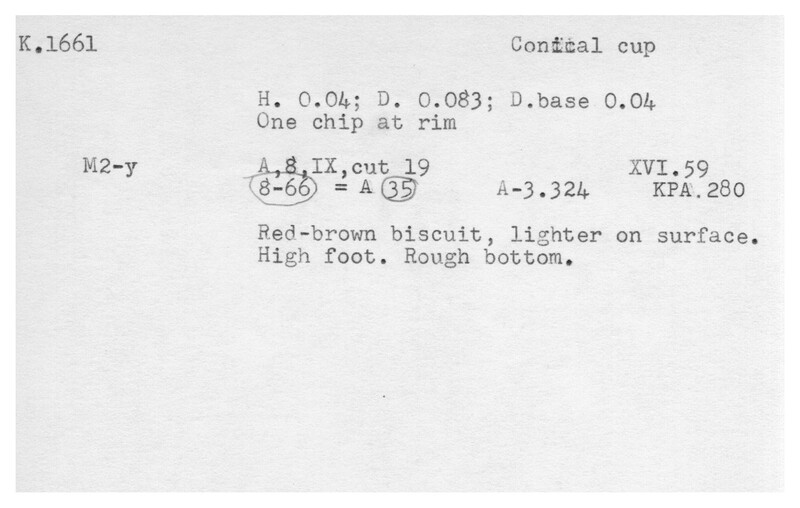 Index card with typed and handwritten information, sometimes including a sketch, of pottery from an excavation.