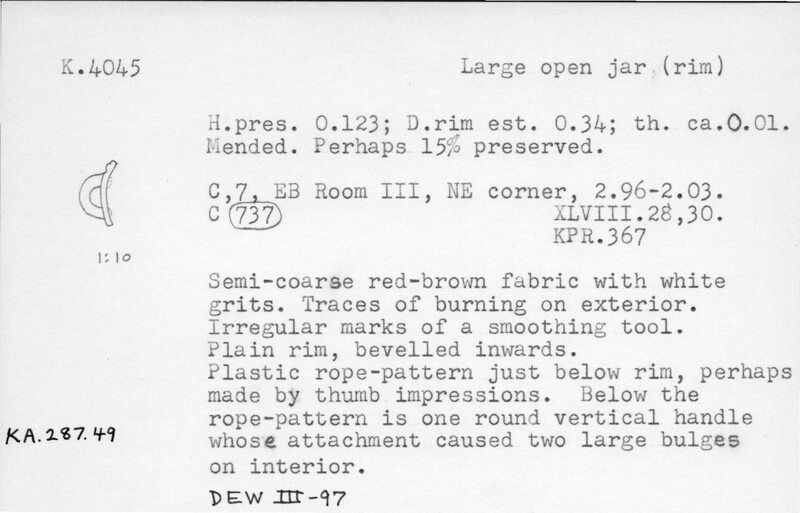 Index card with typed and handwritten information, sometimes including a sketch, of pottery from an excavation.