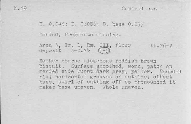 Index card with typed and handwritten information, sometimes including a sketch, of pottery from an excavation.