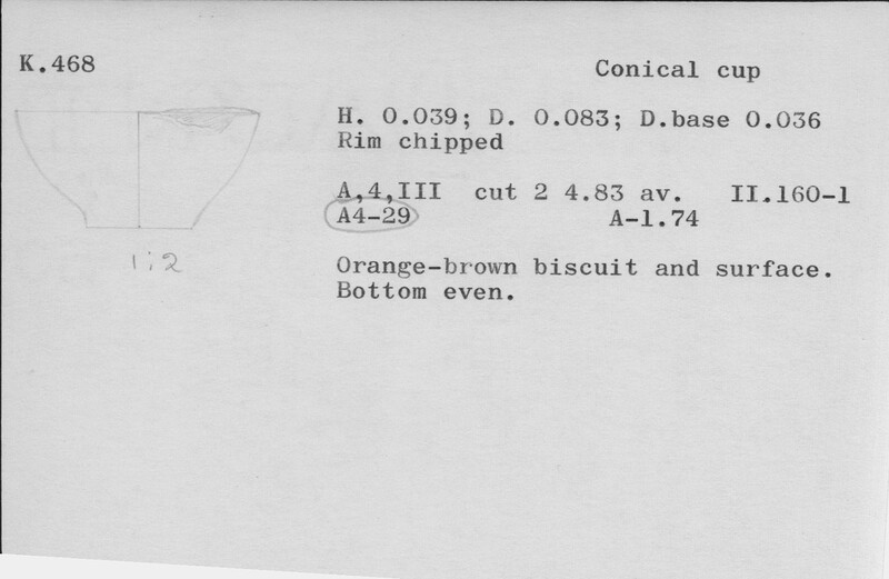 Index card with typed and handwritten information, sometimes including a sketch, of pottery from an excavation.