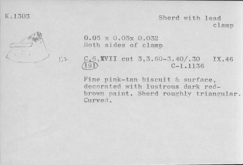 Index card with typed and handwritten information, sometimes including a sketch, of pottery from an excavation.