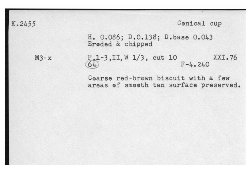 Index card with typed and handwritten information, sometimes including a sketch, of pottery from an excavation.