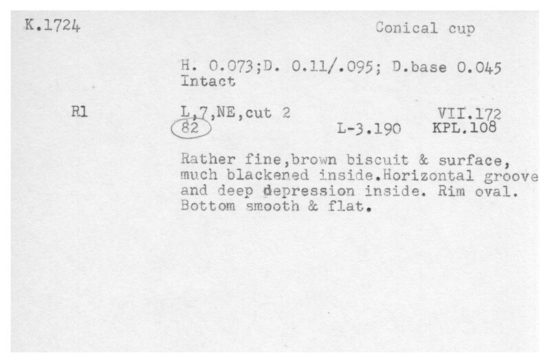 Index card with typed and handwritten information, sometimes including a sketch, of pottery from an excavation.
