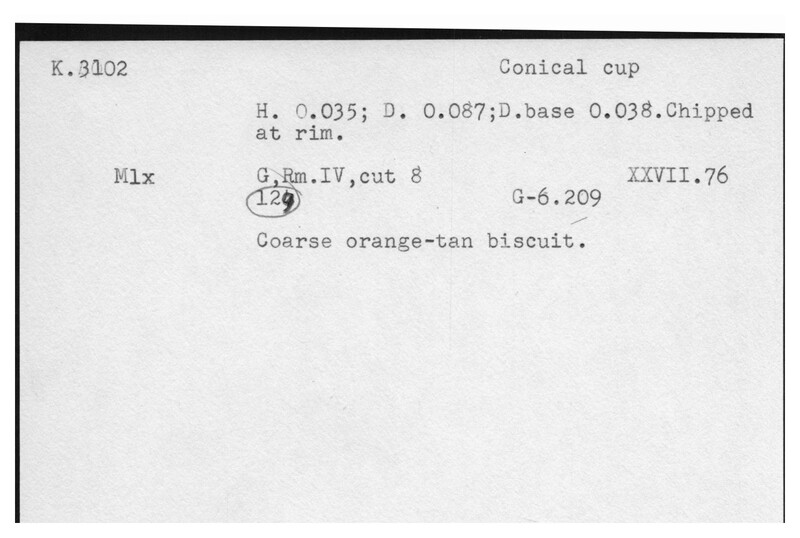 Index card with typed and handwritten information, sometimes including a sketch, of pottery from an excavation.
