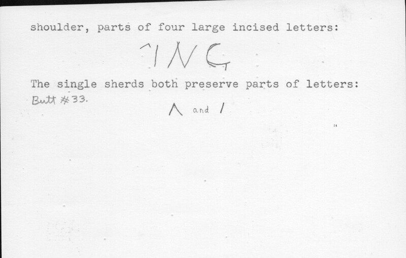 Index card with typed and handwritten information, sometimes including a sketch, of pottery from an excavation.