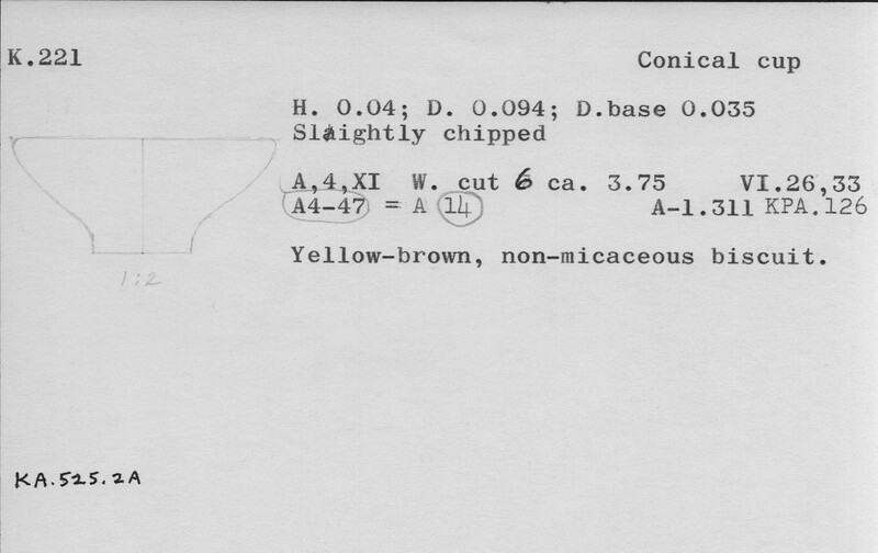 Index card with typed and handwritten information, sometimes including a sketch, of pottery from an excavation.