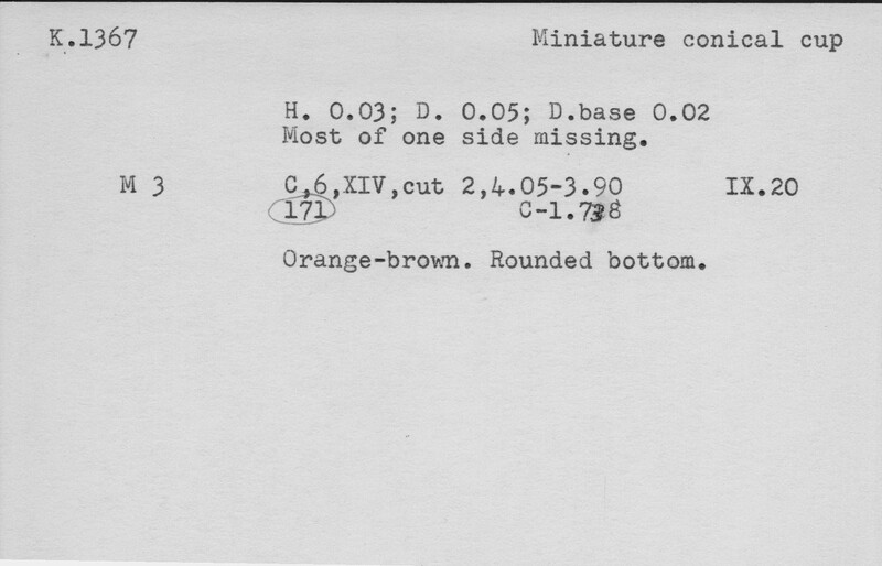 Index card with typed and handwritten information, sometimes including a sketch, of pottery from an excavation.