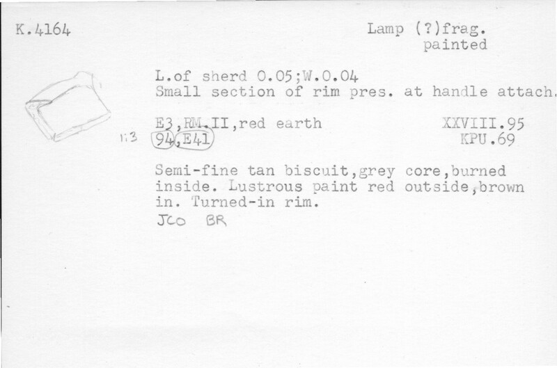 Index card with typed and handwritten information, sometimes including a sketch, of pottery from an excavation.