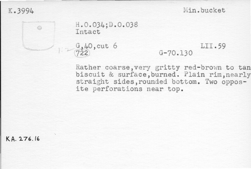 Index card with typed and handwritten information, sometimes including a sketch, of pottery from an excavation.