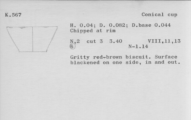 Index card with typed and handwritten information, sometimes including a sketch, of pottery from an excavation.