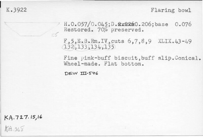 Index card with typed and handwritten information, sometimes including a sketch, of pottery from an excavation.