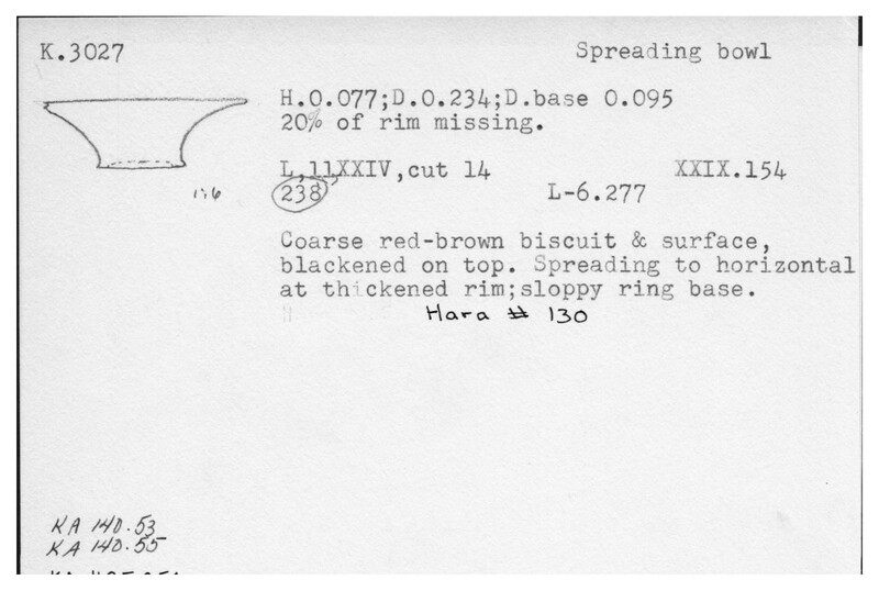 Index card with typed and handwritten information, sometimes including a sketch, of pottery from an excavation.