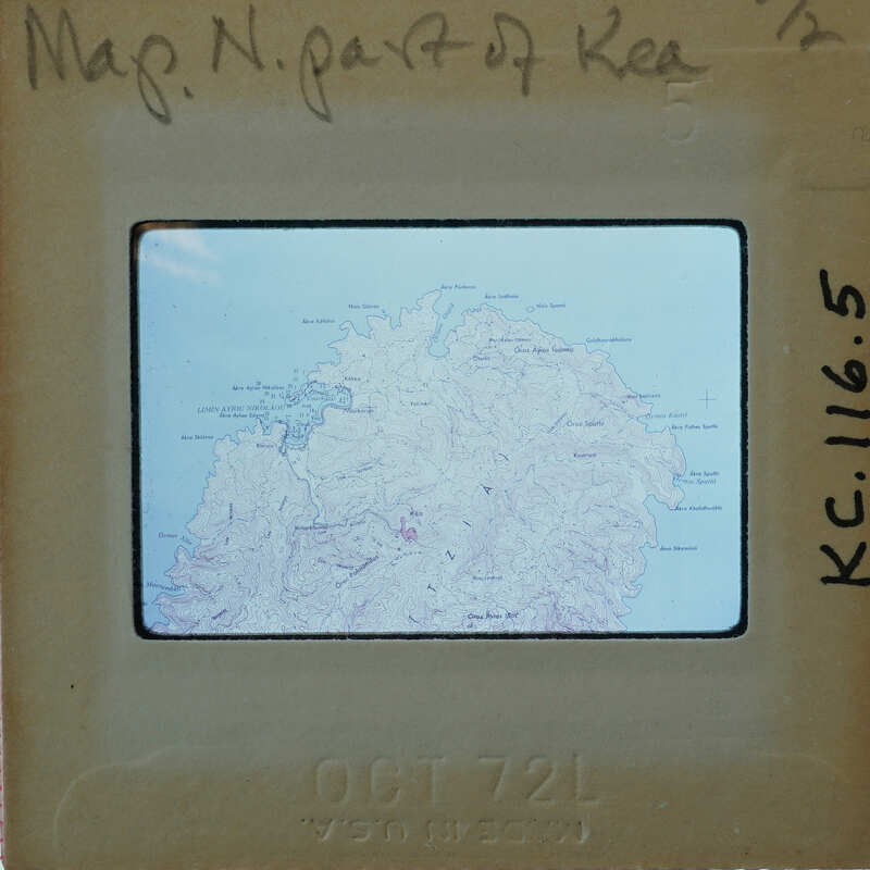 A map showing an island with geographical features and surrounding bodies of water.