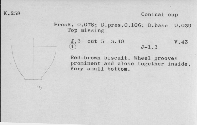 Index card with typed and handwritten information, sometimes including a sketch, of pottery from an excavation.