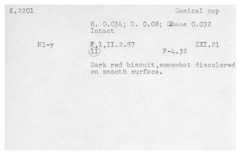 Index card with typed and handwritten information, sometimes including a sketch, of pottery from an excavation.