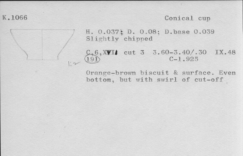 Index card with typed and handwritten information, sometimes including a sketch, of pottery from an excavation.