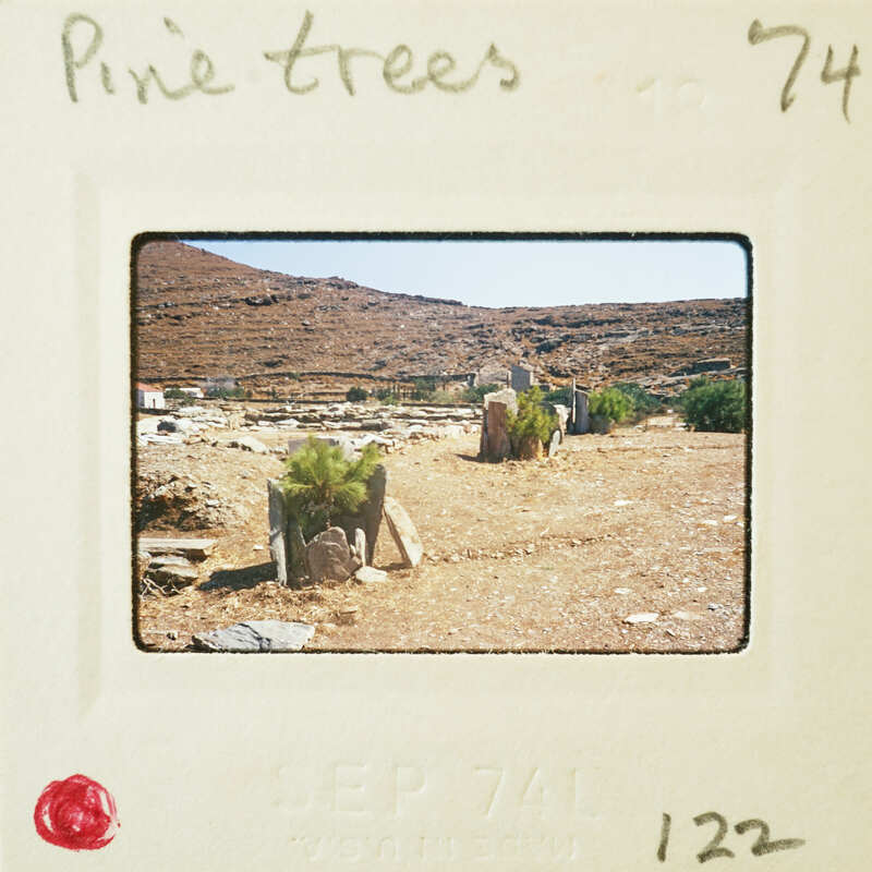 A vintage photo of a desert landscape with sparse vegetation and rocky terrain, dated September 74.
