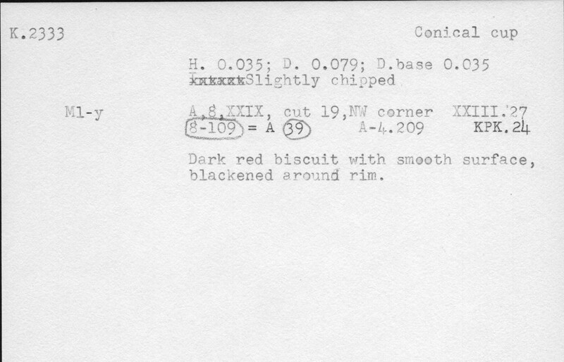 Index card with typed and handwritten information, sometimes including a sketch, of pottery from an excavation.