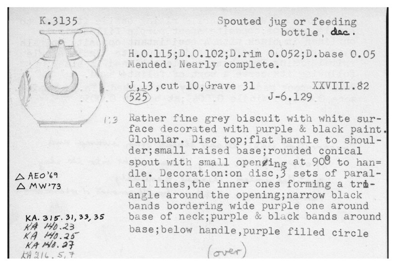 Index card with typed and handwritten information, sometimes including a sketch, of pottery from an excavation.