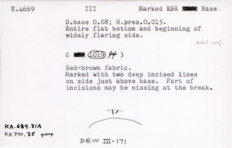 Index card with typed and handwritten information, sometimes including a sketch, of pottery from an excavation.