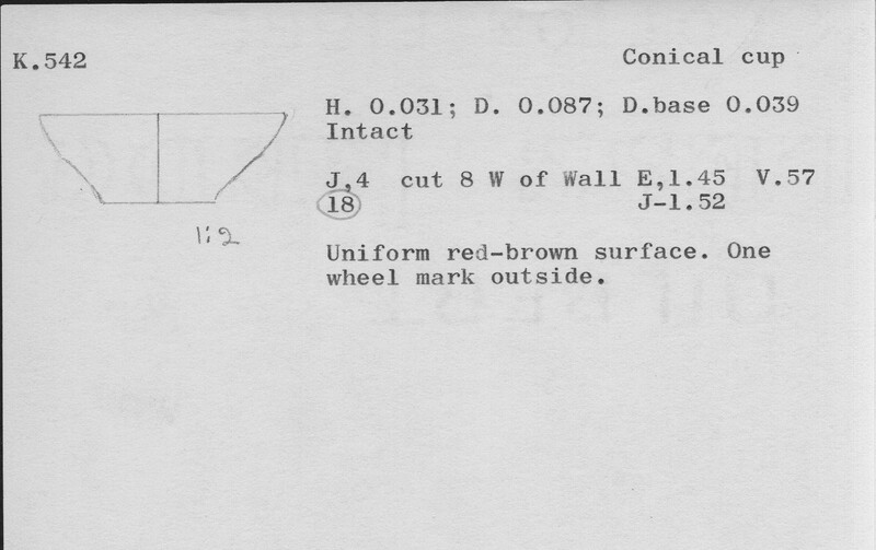 Index card with typed and handwritten information, sometimes including a sketch, of pottery from an excavation.