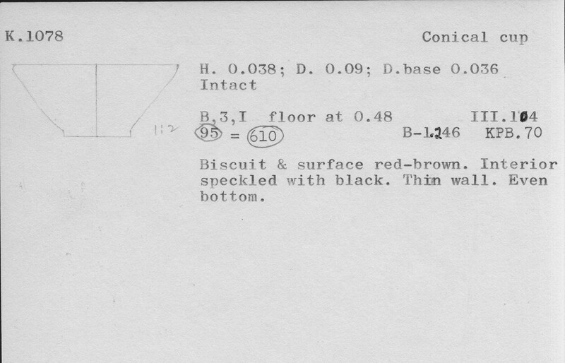 Index card with typed and handwritten information, sometimes including a sketch, of pottery from an excavation.