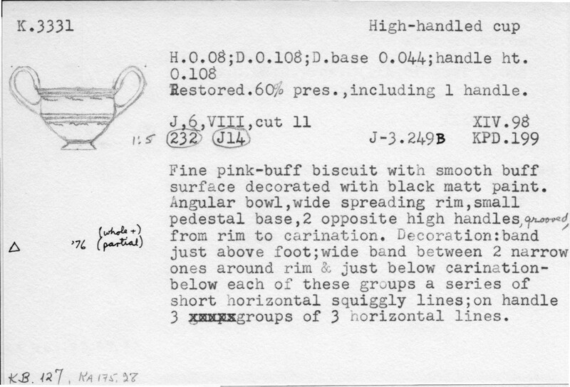 Index card with typed and handwritten information, sometimes including a sketch, of pottery from an excavation.