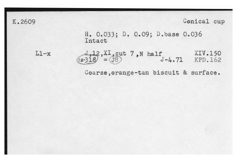 Index card with typed and handwritten information, sometimes including a sketch, of pottery from an excavation.
