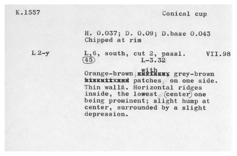Index card with typed and handwritten information, sometimes including a sketch, of pottery from an excavation.