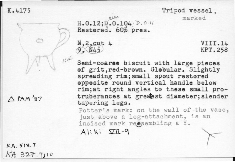 Index card with typed and handwritten information, sometimes including a sketch, of pottery from an excavation.