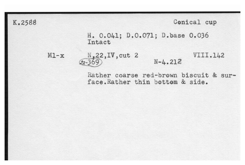 Index card with typed and handwritten information, sometimes including a sketch, of pottery from an excavation.