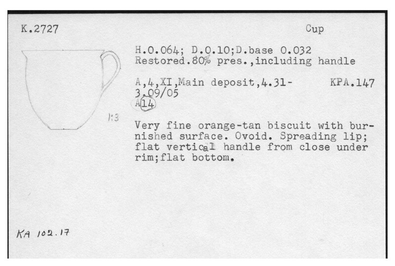 Index card with typed and handwritten information, sometimes including a sketch, of pottery from an excavation.