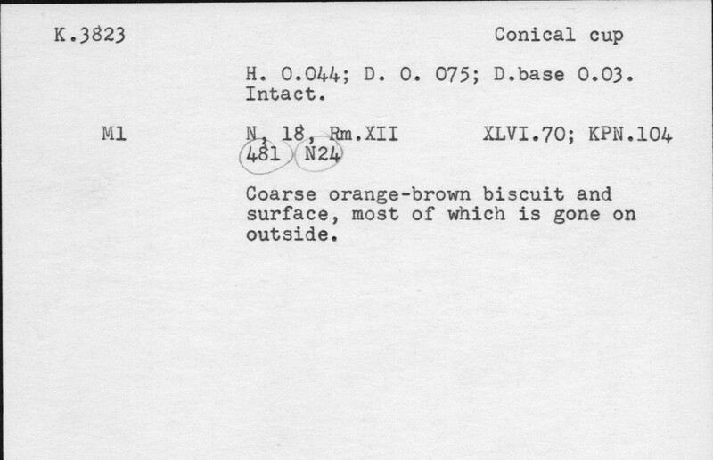 Index card with typed and handwritten information, sometimes including a sketch, of pottery from an excavation.