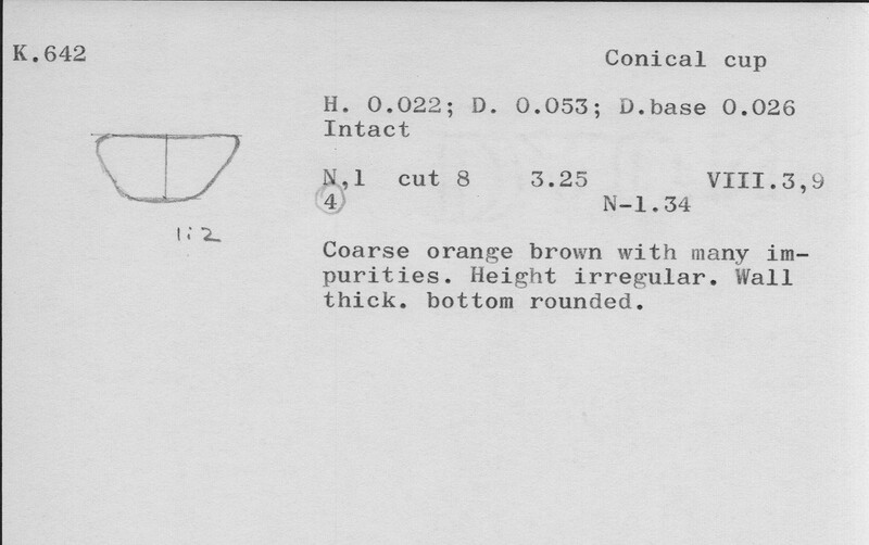 Index card with typed and handwritten information, sometimes including a sketch, of pottery from an excavation.