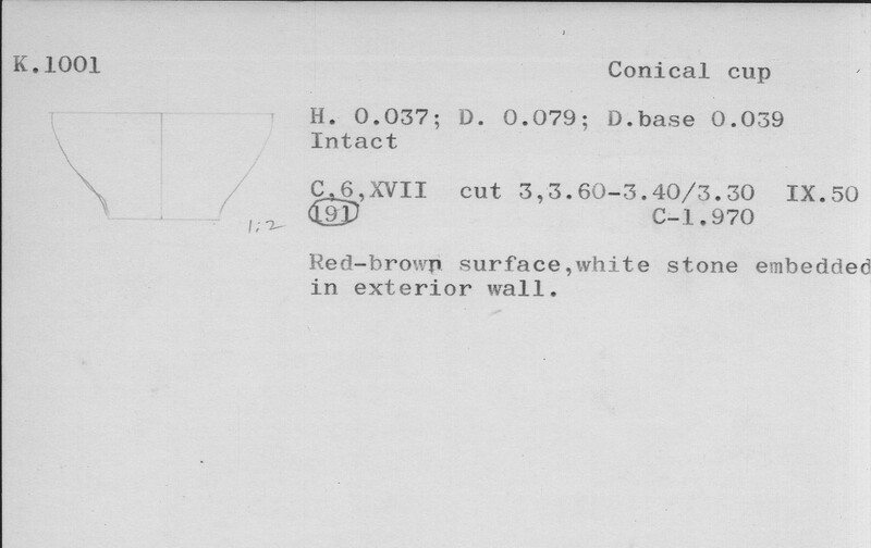 Index card with typed and handwritten information, sometimes including a sketch, of pottery from an excavation.