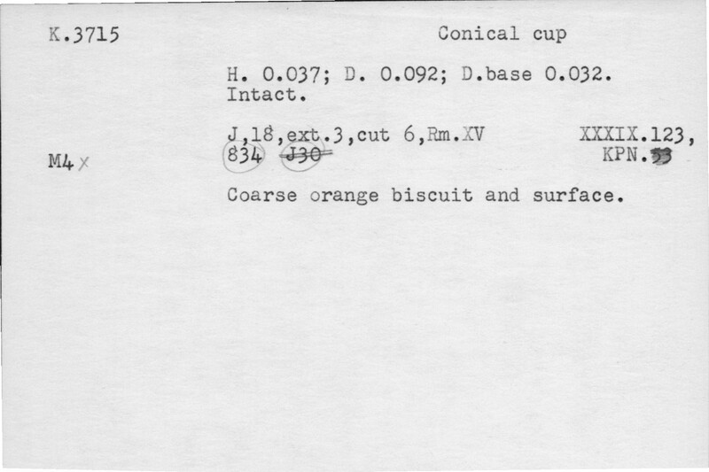 Index card with typed and handwritten information, sometimes including a sketch, of pottery from an excavation.