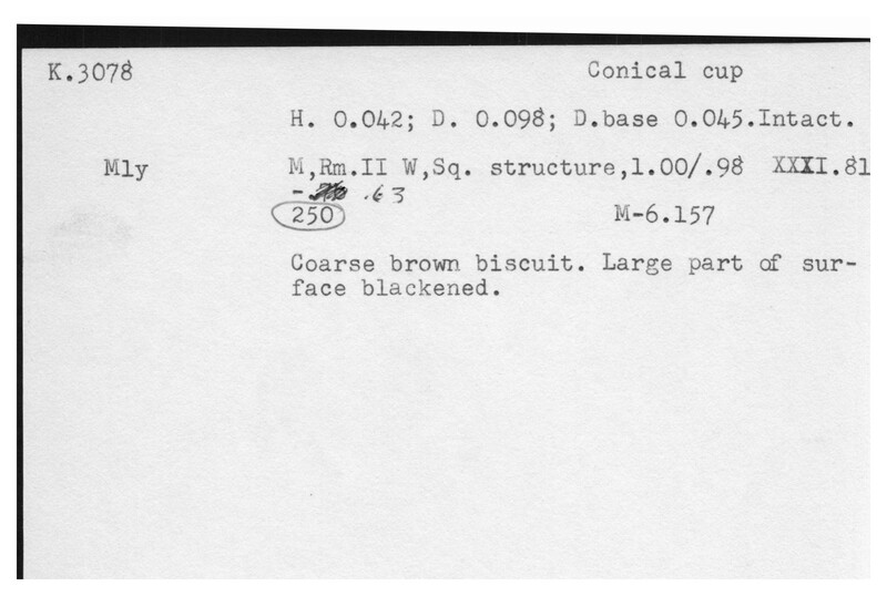 Index card with typed and handwritten information, sometimes including a sketch, of pottery from an excavation.